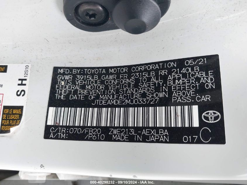 2021 Toyota Corolla Hybrid Le VIN: JTDEAMDE2MJ033727 Lot: 40298232