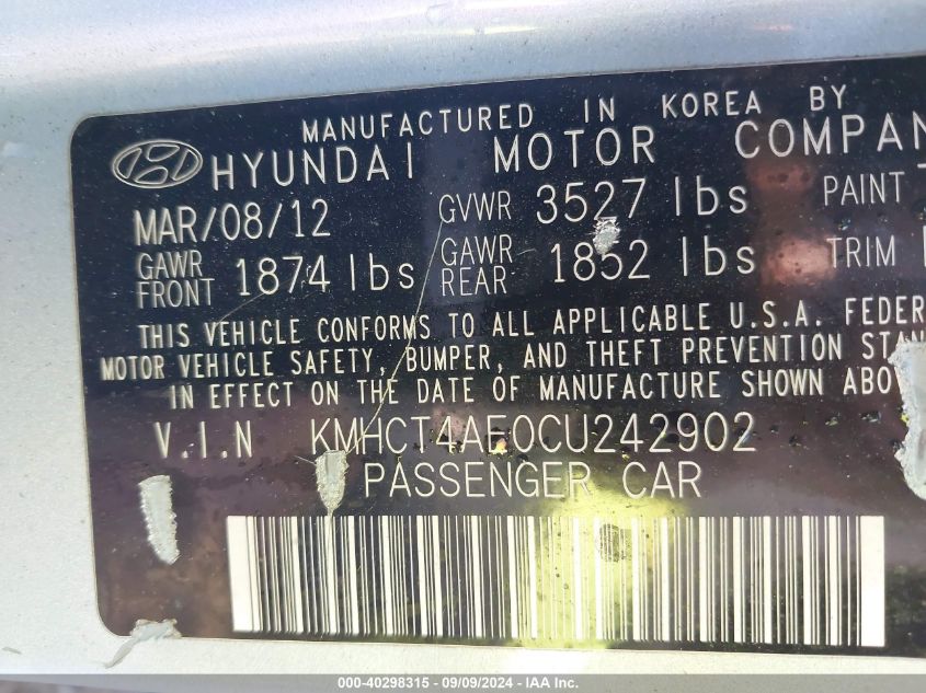 KMHCT4AE0CU242902 2012 Hyundai Accent Gls