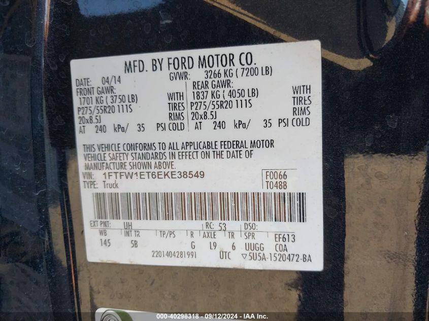 2014 Ford F-150 Fx4 VIN: 1FTFW1ET6EKE38549 Lot: 40298318