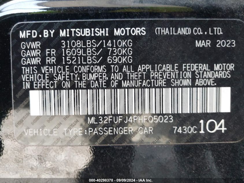 2023 Mitsubishi Mirage G4 Es VIN: ML32FUFJ4PHF05023 Lot: 40298378