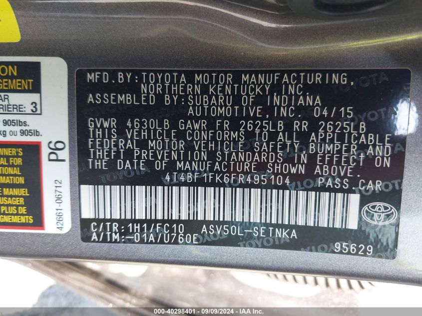 4T4BF1FK6FR495104 2015 Toyota Camry Le