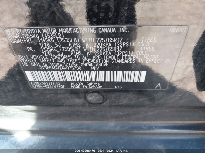 2010 Toyota Rav4 VIN: 2T3BF4DV2AW075798 Lot: 40298470