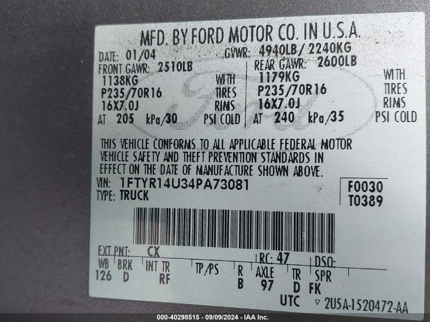 1FTYR14U34PA73081 2004 Ford Ranger Edge/Tremor/Xl/Xlt