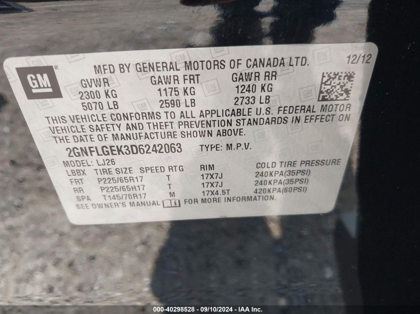 2013 Chevrolet Equinox Ltz VIN: 2GNFLGEK3D6242063 Lot: 40298528