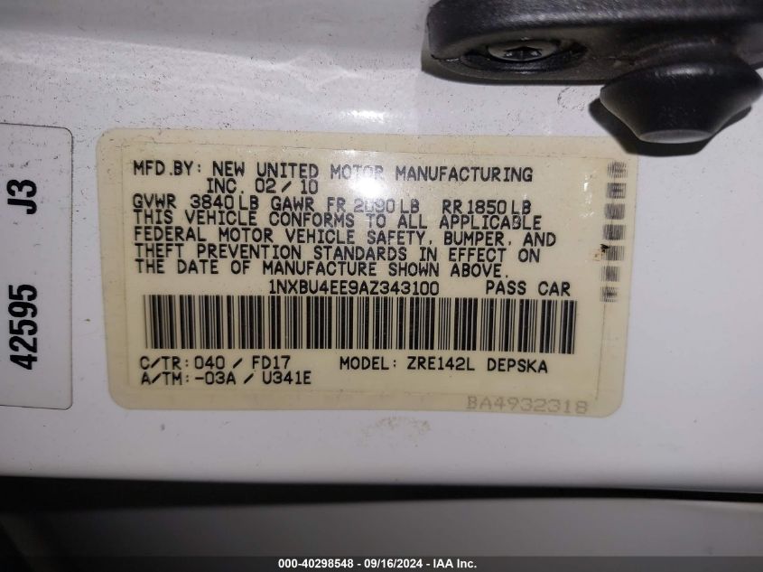 2010 Toyota Corolla S VIN: 1NXBU4EE9AZ343100 Lot: 40298548