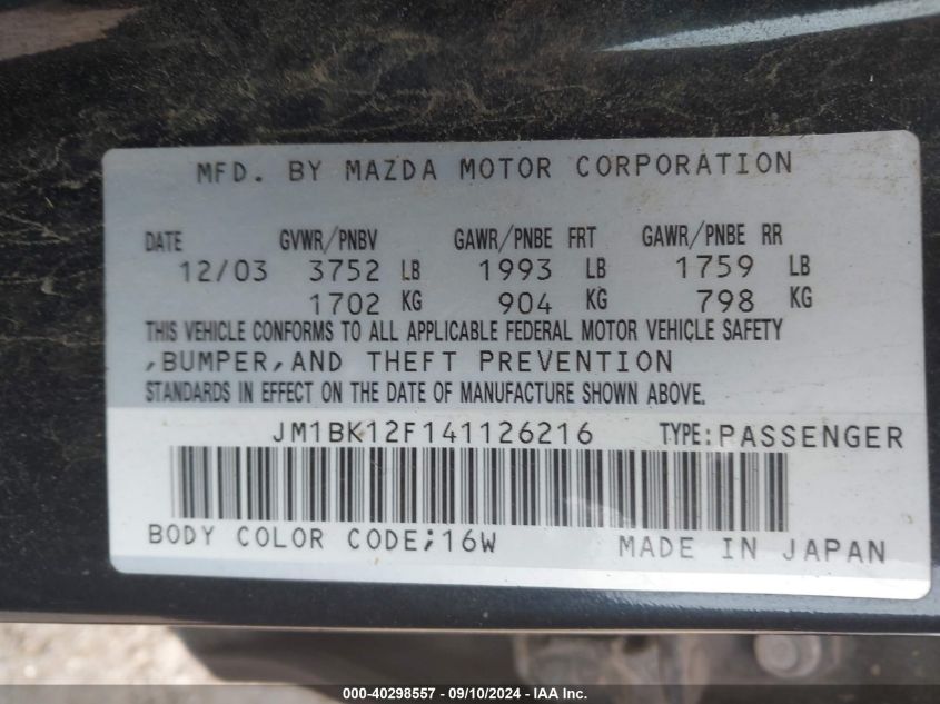 2004 Mazda 3 I VIN: JM1BK12F141126216 Lot: 40298557