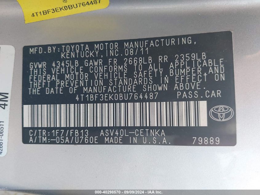 4T1BF3EK0BU764487 2011 Toyota Camry Le