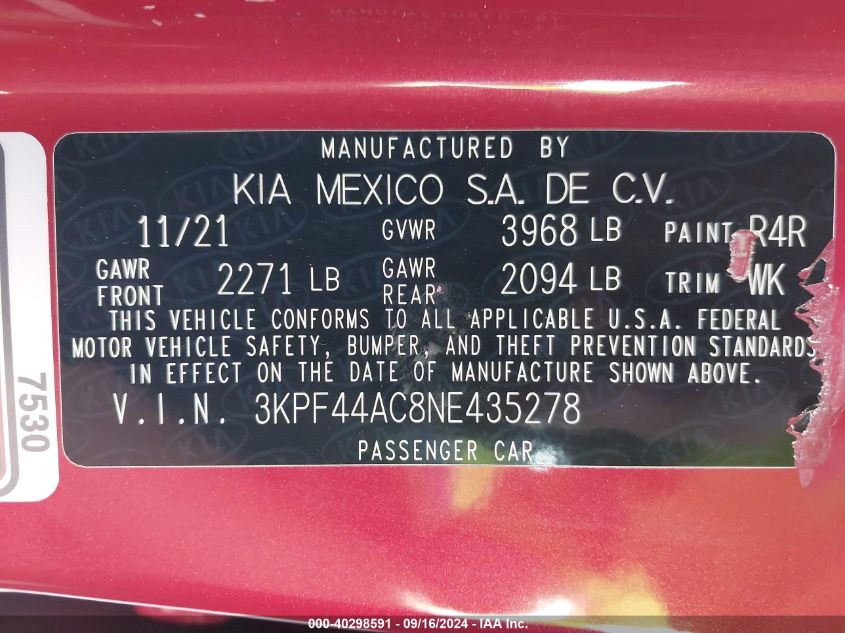 2022 Kia Forte Gt VIN: 3KPF44AC8NE435278 Lot: 40298591