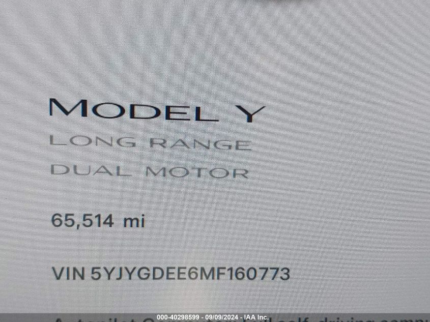 2021 Tesla Model Y Long Range Dual Motor All-Wheel Drive VIN: 5YJYGDEE6MF160773 Lot: 40298599