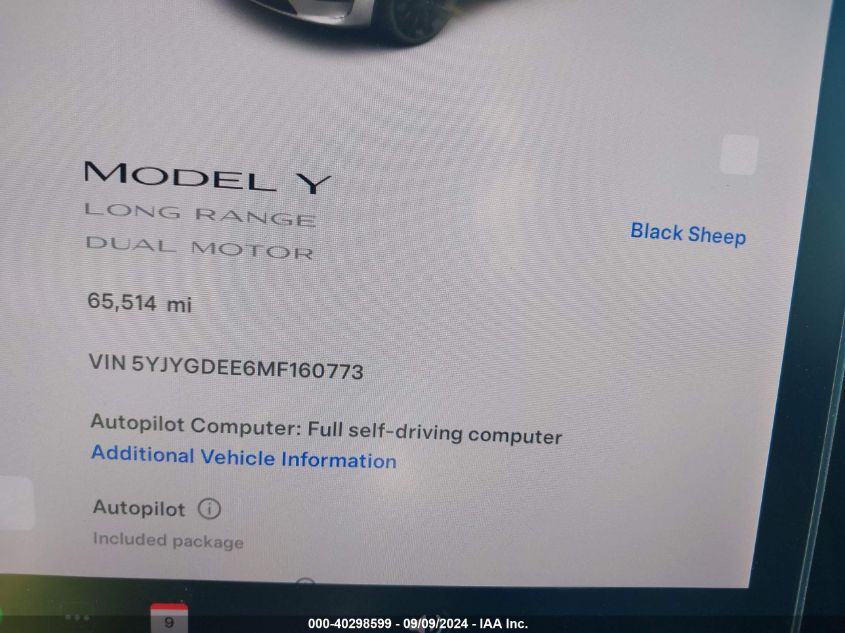 2021 Tesla Model Y Long Range Dual Motor All-Wheel Drive VIN: 5YJYGDEE6MF160773 Lot: 40298599