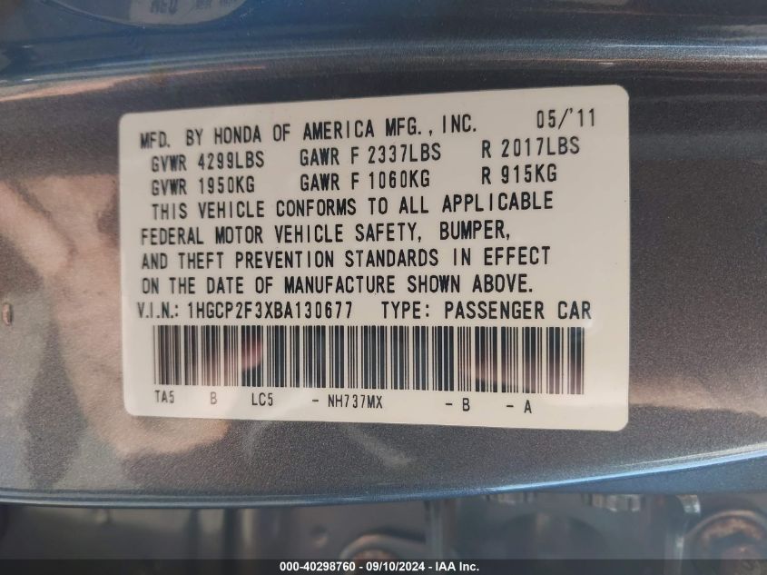 1HGCP2F3XBA130677 2011 Honda Accord Lx