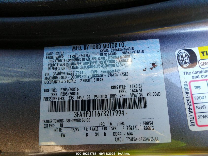 2007 Ford Fusion Se VIN: 3FAHP01167R217994 Lot: 40298788