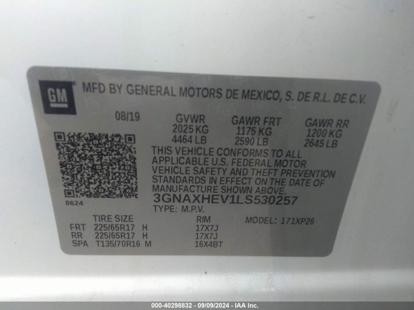 2020 Chevrolet Equinox Fwd Ls VIN: 3GNAXHEV1LS530257 Lot: 40298832