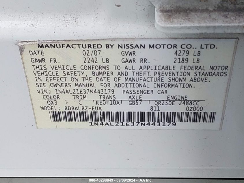 1N4AL21E37N443179 2007 Nissan Altima 2.5 S