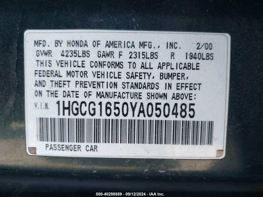 2000 Honda Accord Ex VIN: 1HGCG1650YA050485 Lot: 40298859