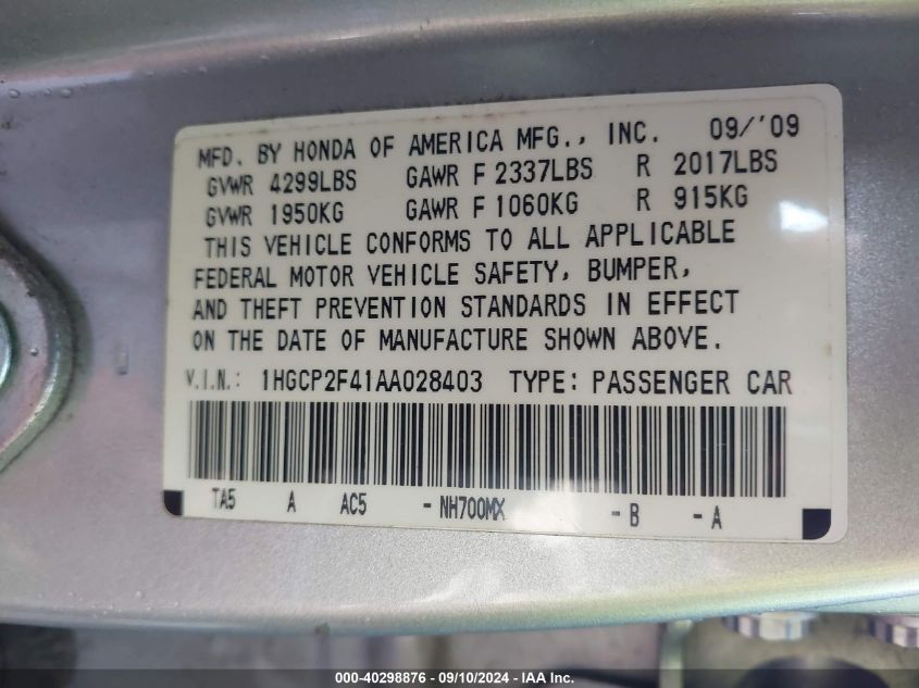 1HGCP2F41AA028403 2010 Honda Accord 2.4 Lx-P