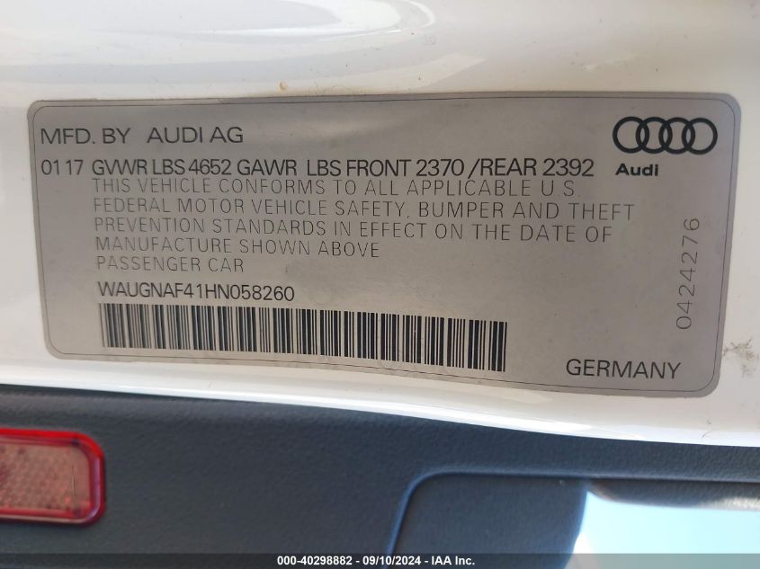 2017 Audi A4 Premium VIN: WAUGNAF41HN058260 Lot: 40298882