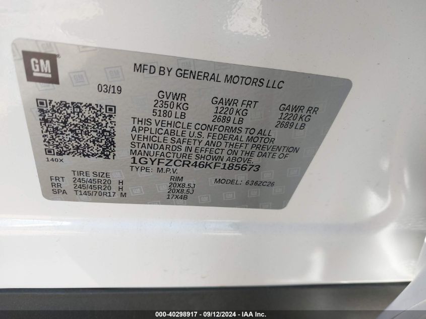 1GYFZCR46KF185673 2019 Cadillac Xt4 Premium Luxury