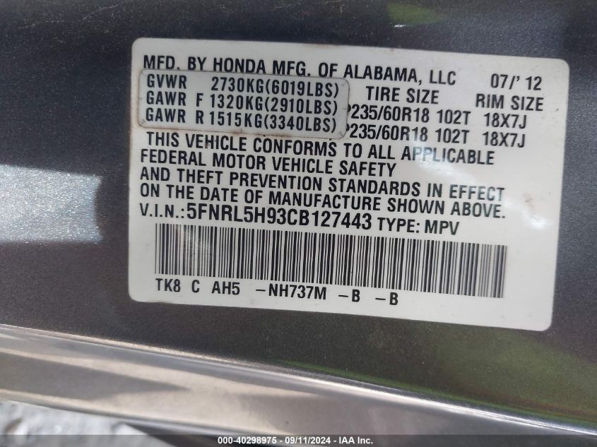 2012 Honda Odyssey Touring/Touring Elite VIN: 5FNRL5H93CB127443 Lot: 40298975