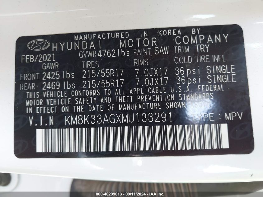 2021 Hyundai Kona Electric Limited VIN: KM8K33AGXMU133291 Lot: 40299013