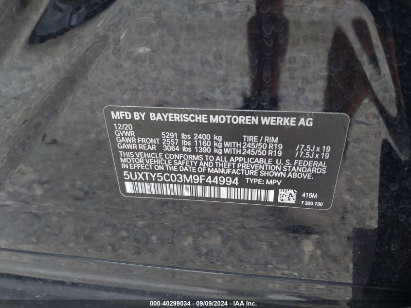 2021 BMW X3 xDrive30I VIN: 5UXTY5C03M9F44994 Lot: 40299034