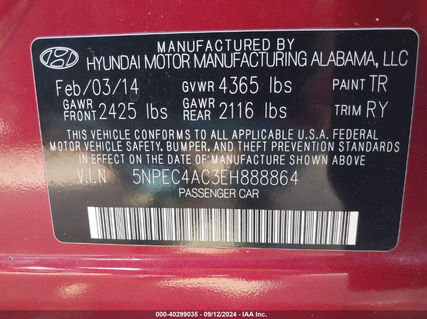 5NPEC4AC3EH888864 2014 Hyundai Sonata Se