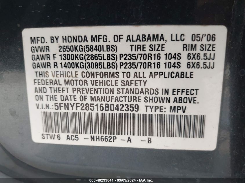 2006 Honda Pilot Ex-L VIN: 5FNYF28516B042359 Lot: 40299041