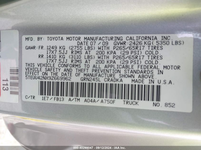 2009 Toyota Tacoma Access Cab VIN: 5TEUU42NX9Z669962 Lot: 40299047