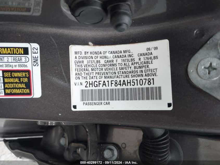 2HGFA1F84AH510781 2010 Honda Civic Sdn Ex