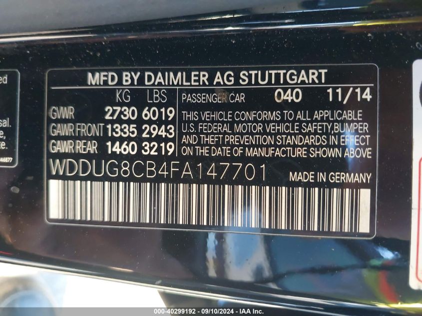 2015 Mercedes-Benz S 550 VIN: WDDUG8CB4FA147701 Lot: 40299192