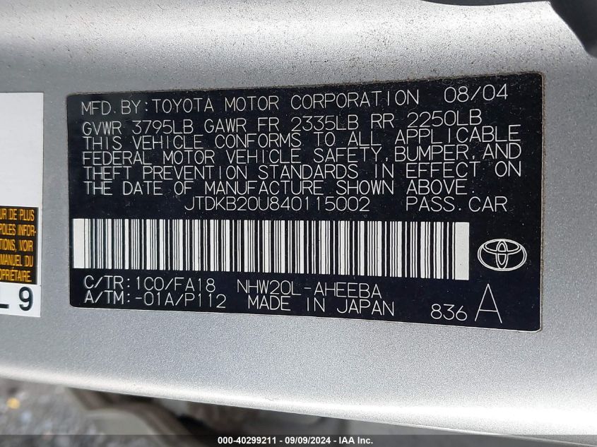 2004 Toyota Prius VIN: JTDKB20U840115002 Lot: 40299211