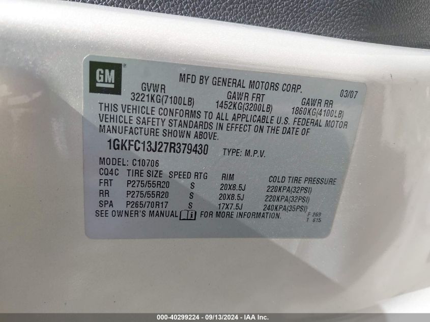 2007 GMC Yukon Slt VIN: 1GKFC13J27R379430 Lot: 40299224