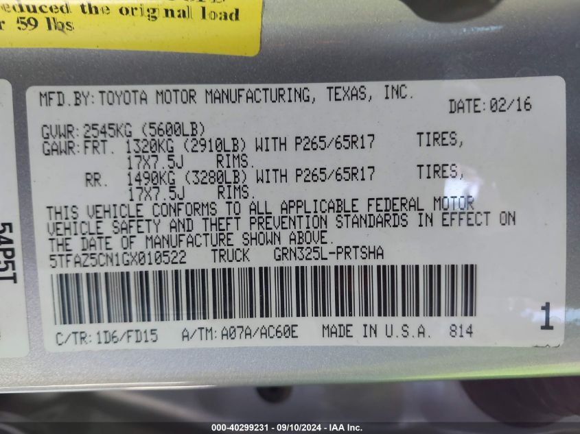 5TFAZ5CN1GX010522 2016 Toyota Tacoma Dbl Cab/Sr5/Trd Sport/Or