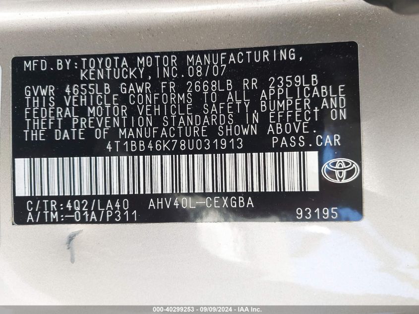 2008 Toyota Camry Hybrid VIN: 4T1BB46K78U031913 Lot: 40299253