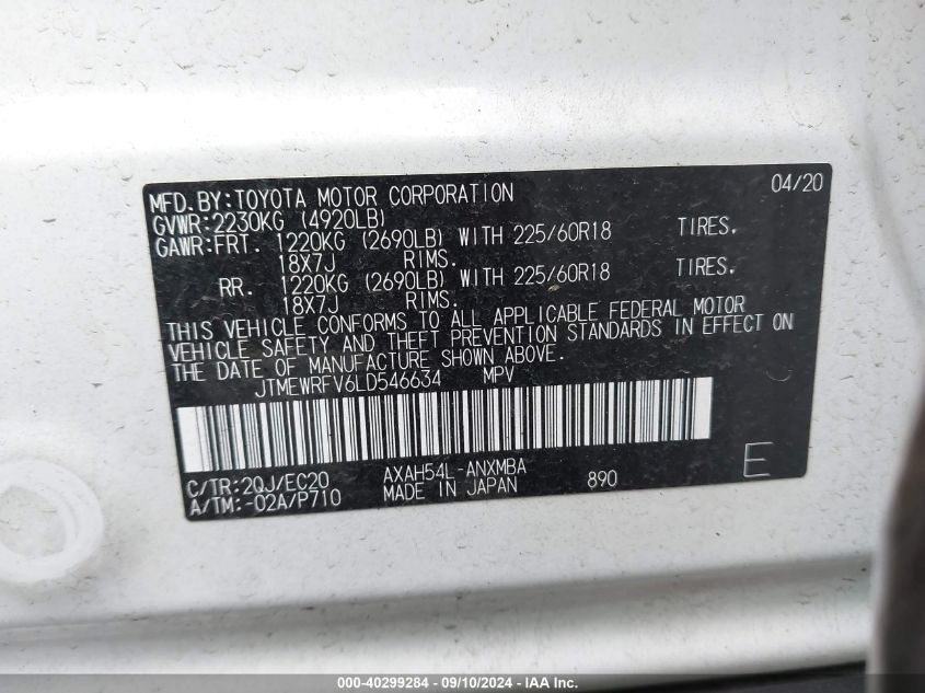 2020 Toyota Rav4 Hybrid Xse VIN: JTMEWRFV6LD546634 Lot: 40599275