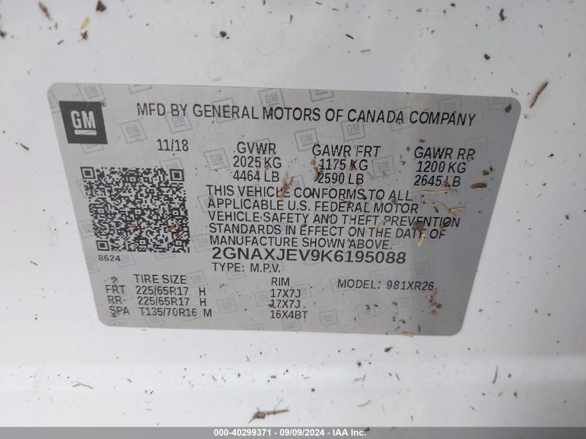 2GNAXJEV9K6195088 2019 Chevrolet Equinox Lt