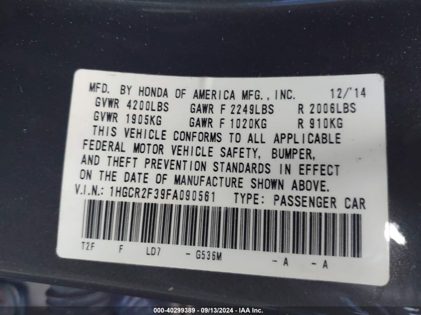 1HGCR2F39FA090561 2015 Honda Accord Lx