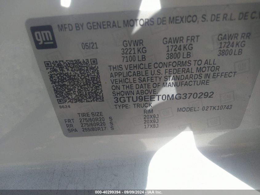 2021 GMC Sierra 1500 4Wd Standard Box At4 VIN: 3GTU9EET0MG370292 Lot: 40299394