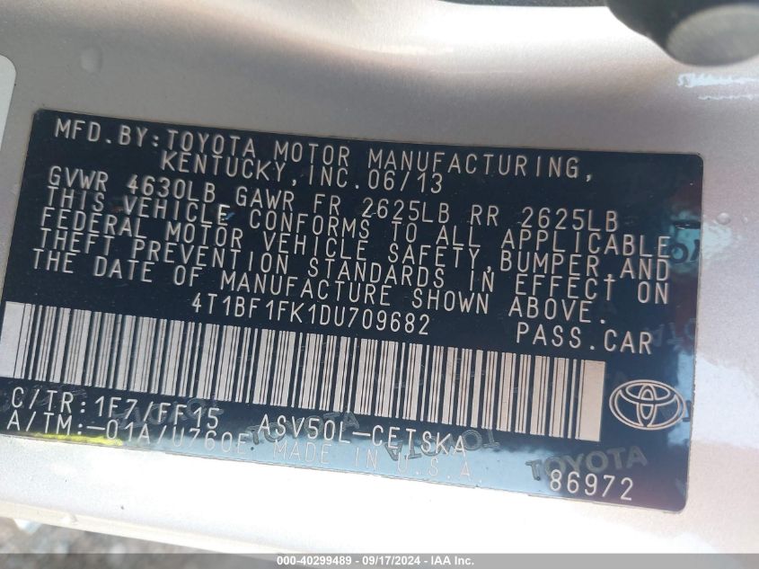 2013 Toyota Camry Se VIN: 4T1BF1FK1DU709682 Lot: 40299489