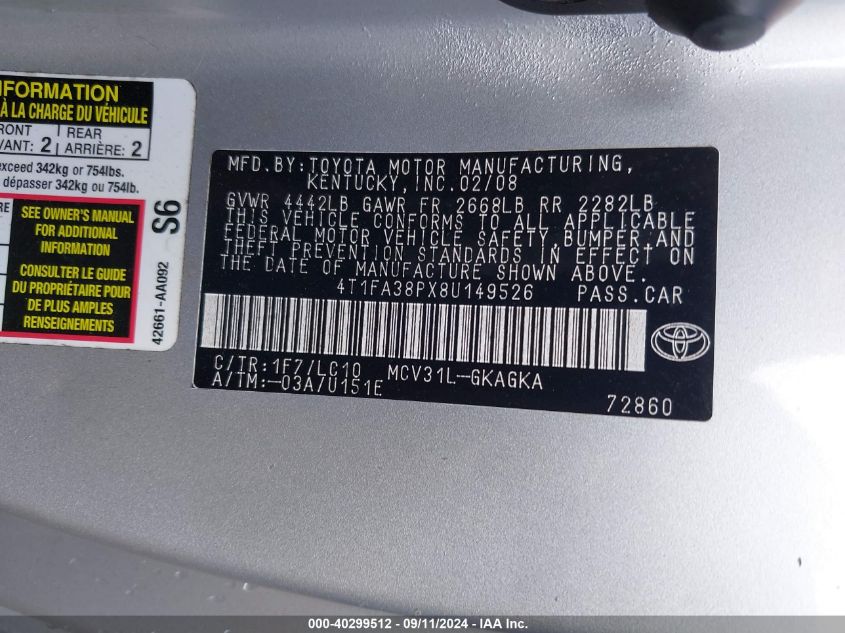 4T1FA38PX8U149526 2008 Toyota Camry Solara Sle