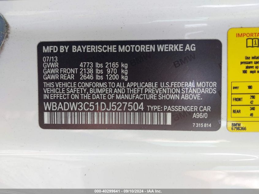 2013 BMW 328I VIN: WBADW3C51DJ527504 Lot: 40299641