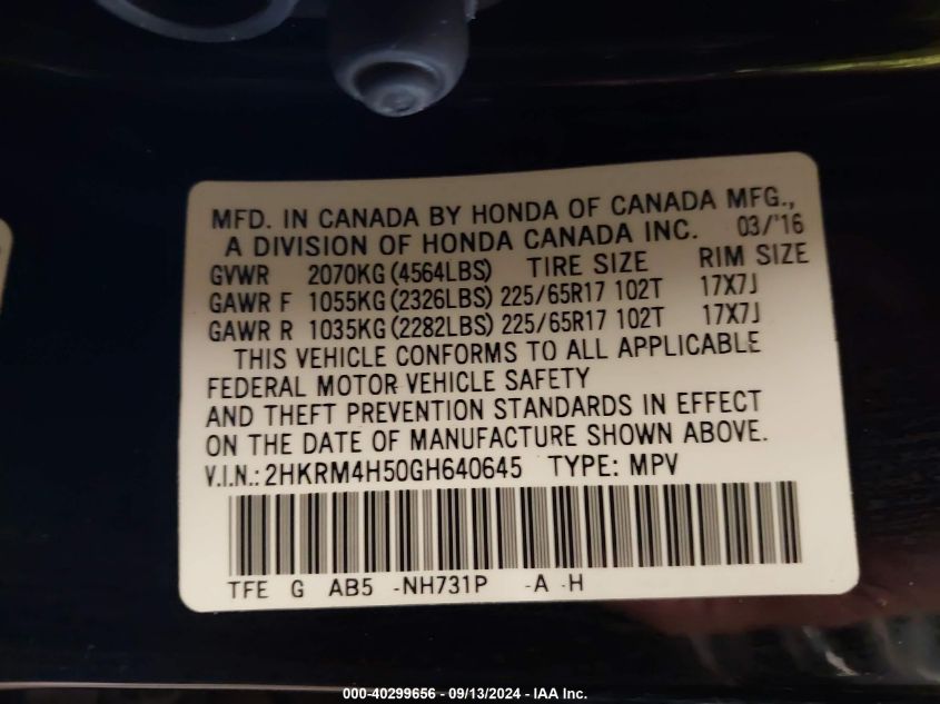 2HKRM4H50GH640645 2016 Honda Cr-V Ex