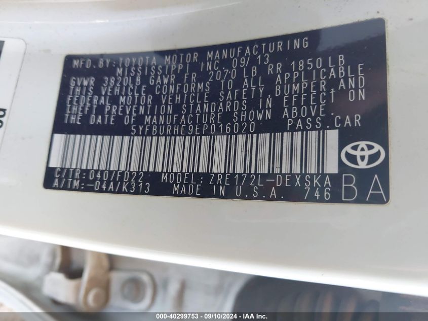 2014 Toyota Corolla L/Le/Le Pls/Prm/S/S Pls VIN: 5YFBURHE9EP016020 Lot: 40299753