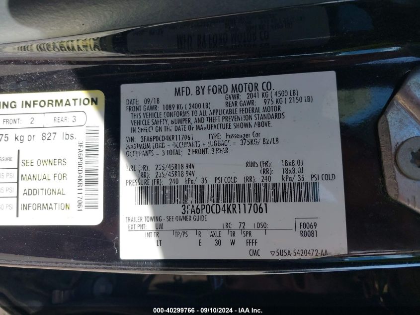 2019 FORD FUSION SEL - 3FA6P0CD4KR117061