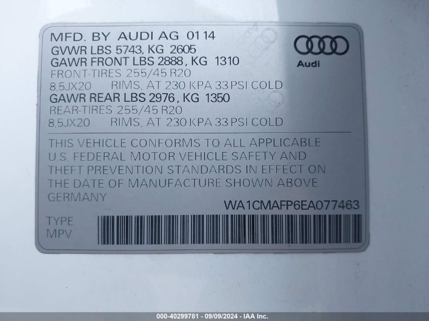 2014 Audi Q5 3.0 Tdi Premium Plus VIN: WA1CMAFP6EA077463 Lot: 40299781