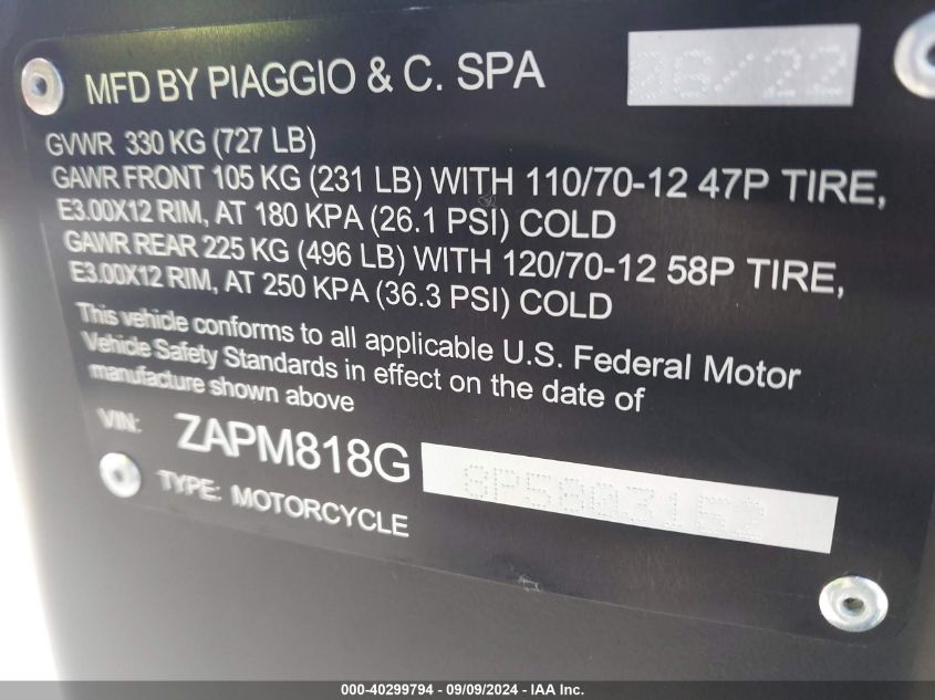 2023 Vespa Primavera/Sprint 150 VIN: ZAPM818G8P5803152 Lot: 40299794