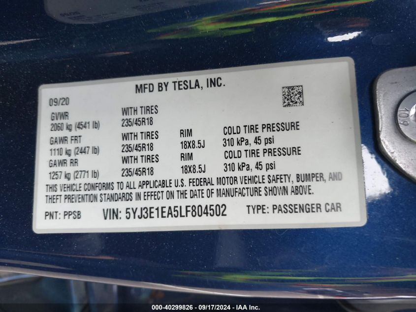 2020 Tesla Model 3 Standard Range Plus Rear-Wheel Drive/Standard Range Rear-Wheel Drive VIN: 5YJ3E1EA5LF804502 Lot: 40299826