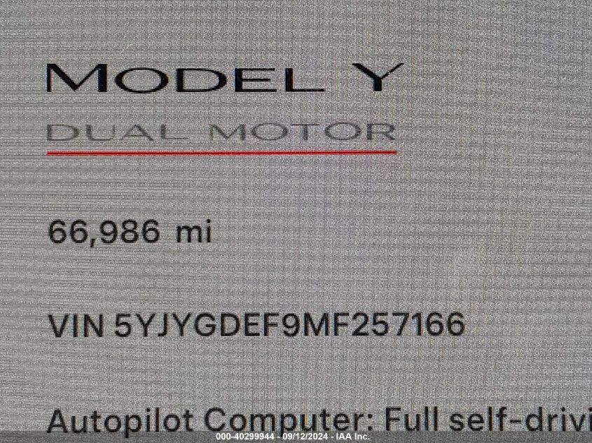 2021 Tesla Model Y Performance Dual Motor All-Wheel Drive VIN: 5YJYGDEF9MF257166 Lot: 40299944