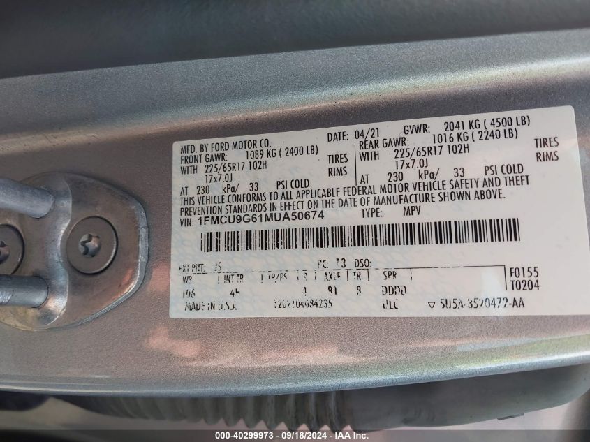 1FMCU9G61MUA50674 2021 Ford Escape Se