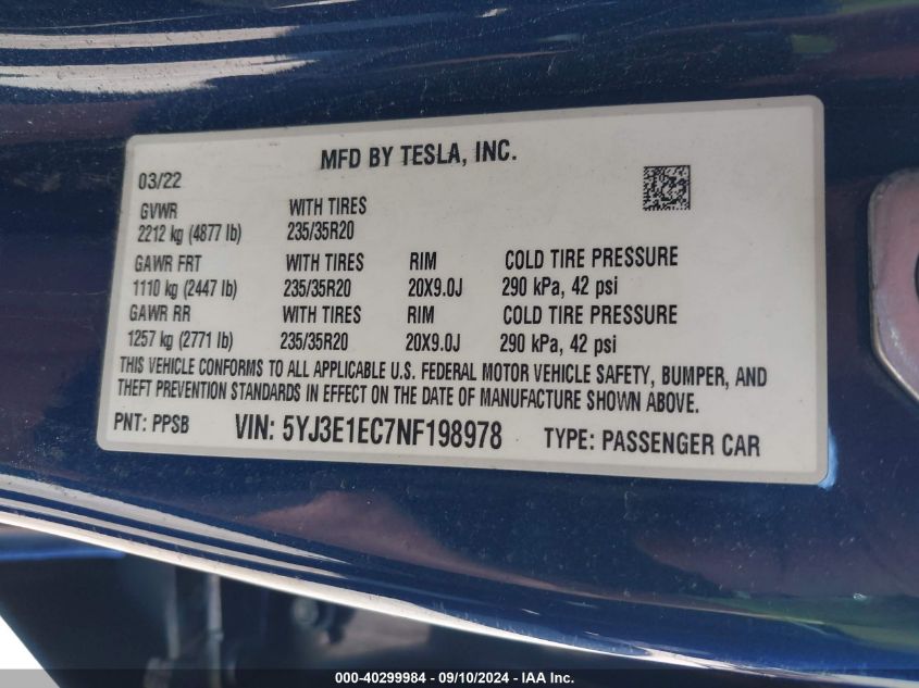 2022 Tesla Model 3 Performance Dual Motor All-Wheel Drive VIN: 5YJ3E1EC7NF198978 Lot: 40299984